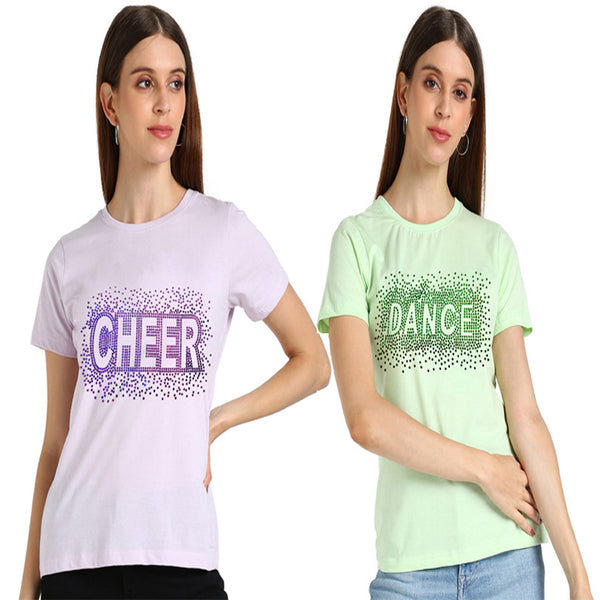 Shimmer in Style with the Pack of 2 Women's Cotton Sequins Motifs T-Shirts