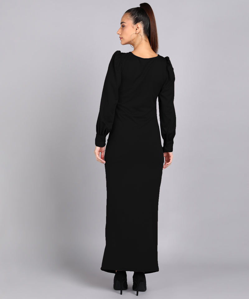 Sultry Sophistication Gathered Front Slit Bodycon Maxi Black Dress