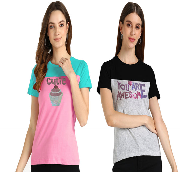 ✨ Women’s Sequin Motifs Cotton T-Shirt Combo – 2 Stylish Tees for ₹599 (MRP ₹2,099) ✨