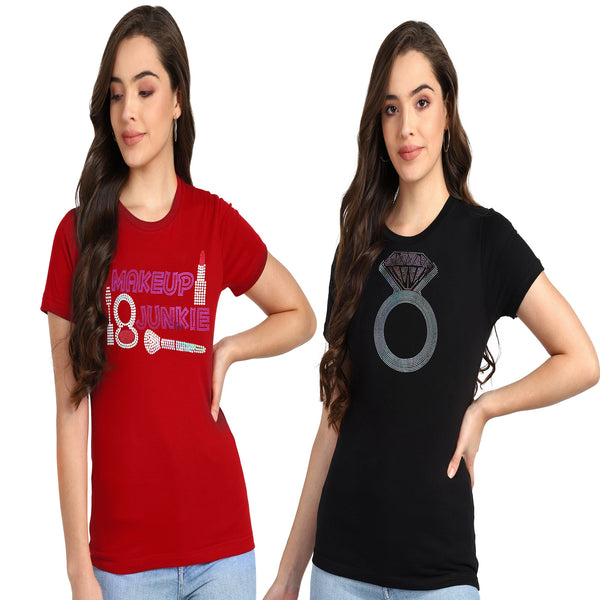✨ Women’s Sequin Motifs Cotton T-Shirt Combo – 2 Stylish Tees for ₹599