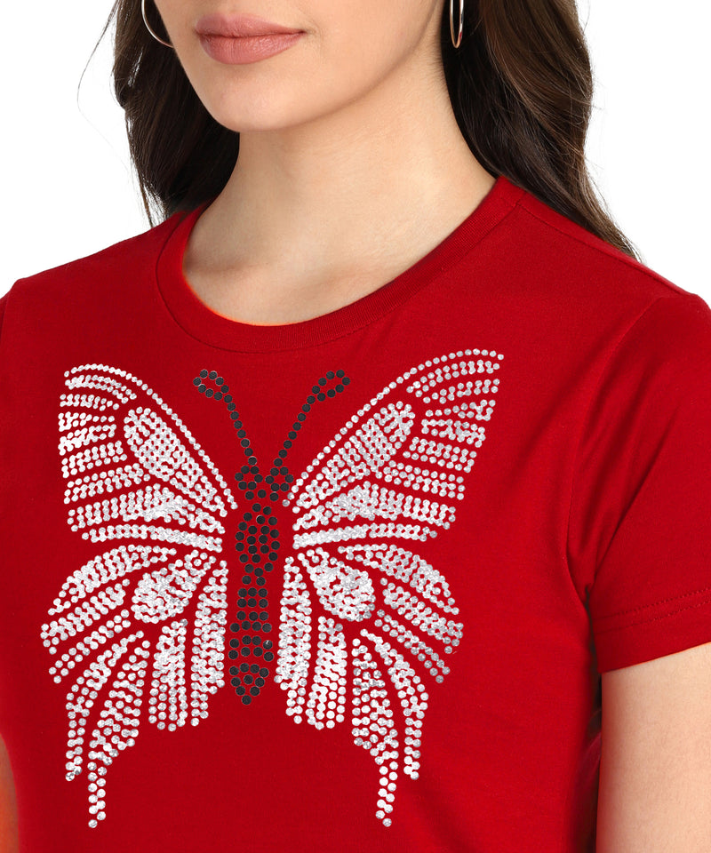 Women Sequins Motifs Embellished Cotton T-shirt