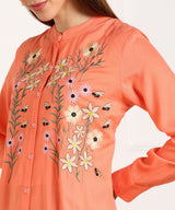 Elegant Floral Embroidered Rayon Shirt Style Kurti