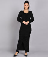 Sultry Sophistication Gathered Front Slit Bodycon Maxi Black Dress