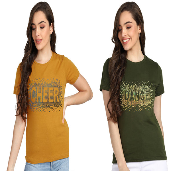 Shimmer in Style with the Pack of 2 Women's Cotton Sequins Motifs T-Shirts