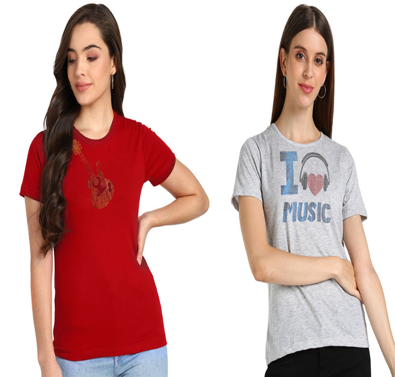 Women’s Cotton Sequin Motifs T-Shirt Combo Pack of 2