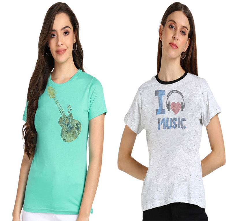 Women’s Cotton Sequin Motifs T-Shirt Combo Pack of 2