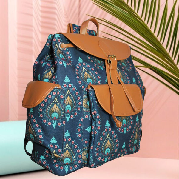 Peacock Feather Print Canvas Backpack