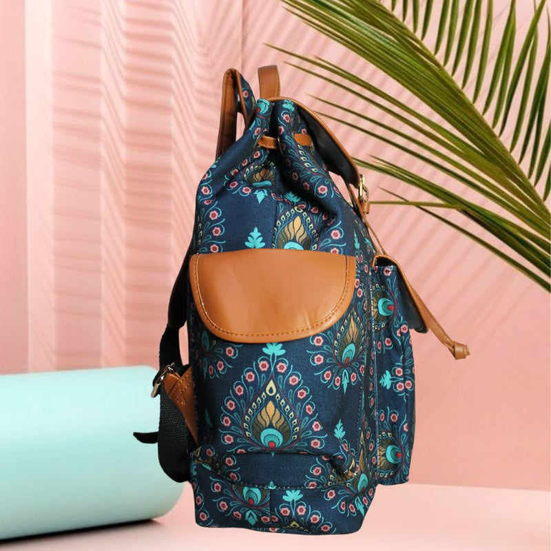 Peacock Feather Print Canvas Backpack