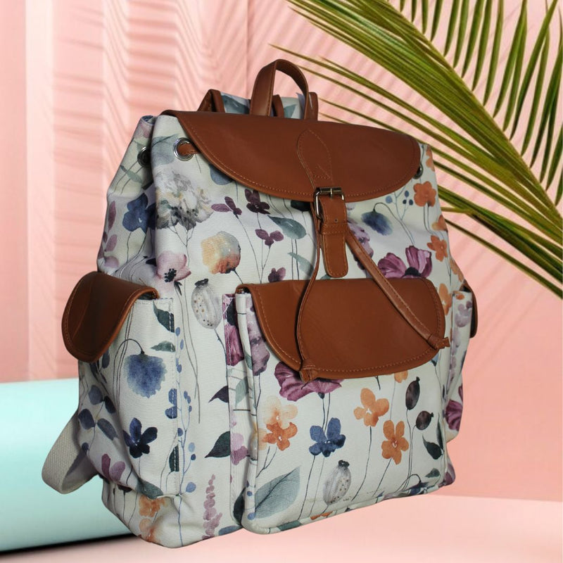 Watercolor Floral Print Canvas Backpack