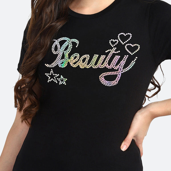 Women Sequins Motifs Embellished Cotton T-shirt