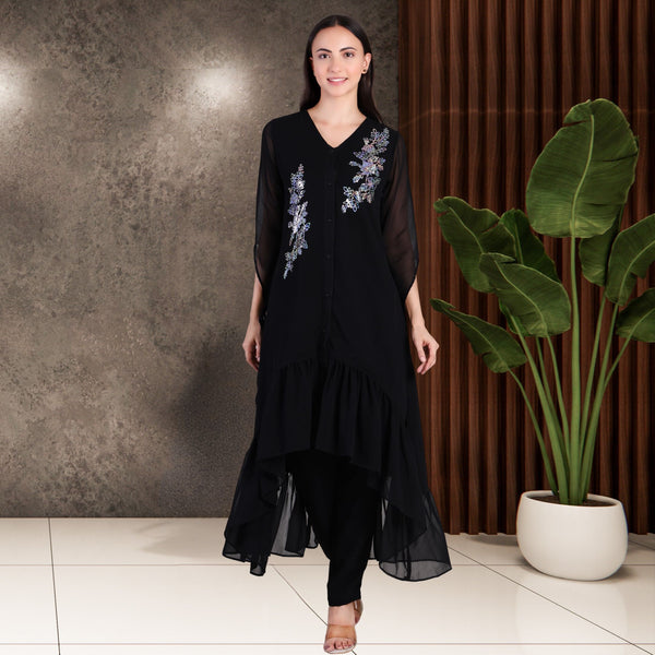 Women's Sequins Motifs Embellished Georgette Frilled Set