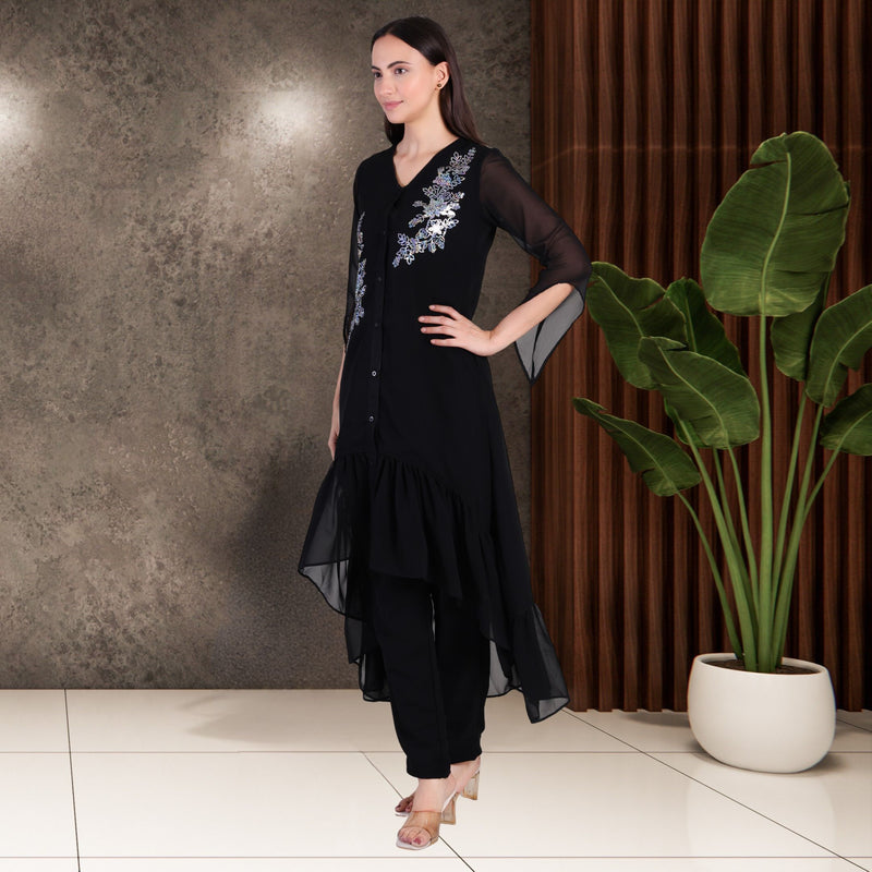 Women's Sequins Motifs Embellished Georgette Frilled Set