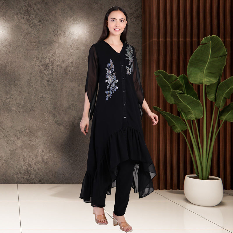 Women's Sequins Motifs Embellished Georgette Frilled Set