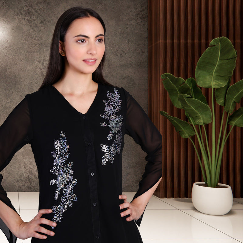 Women's Sequins Motifs Embellished Georgette Frilled Set