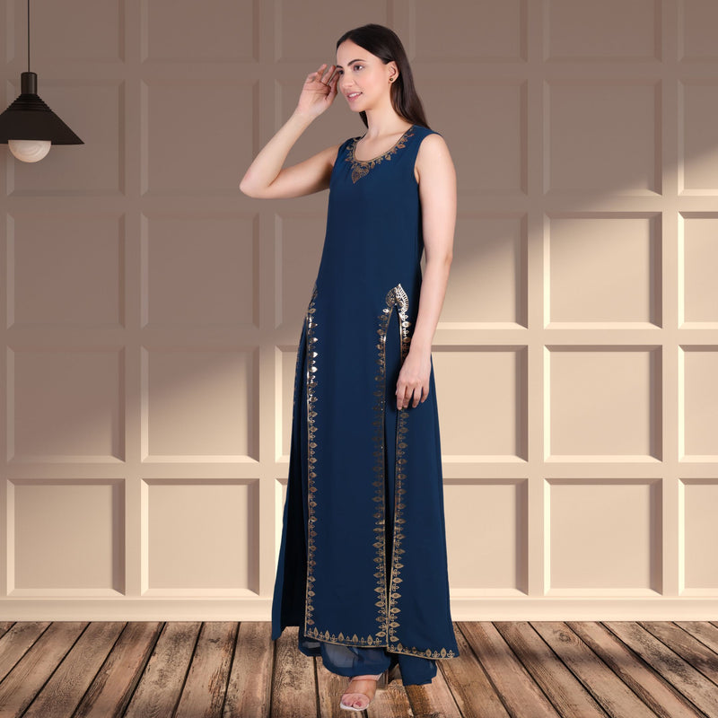 Women's Sequins Motifs Embellished Georgette Slit Kurti Pant Set