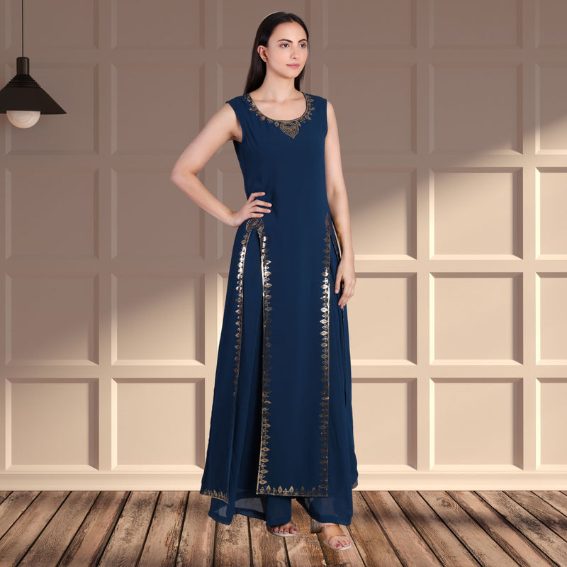 Women's Sequins Motifs Embellished Georgette Slit Kurti Pant Set
