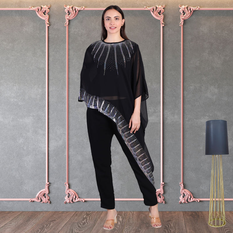 Women's Sequins Motifs Embellished Georgette Asymmetric Kurti Pant Set