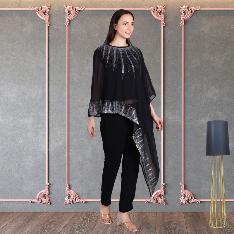 Women's Sequins Motifs Embellished Georgette Asymmetric Kurti Pant Set