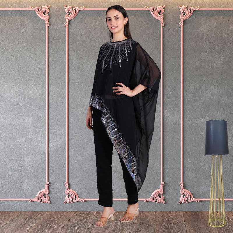 Women's Sequins Motifs Embellished Georgette Asymmetric Kurti Pant Set