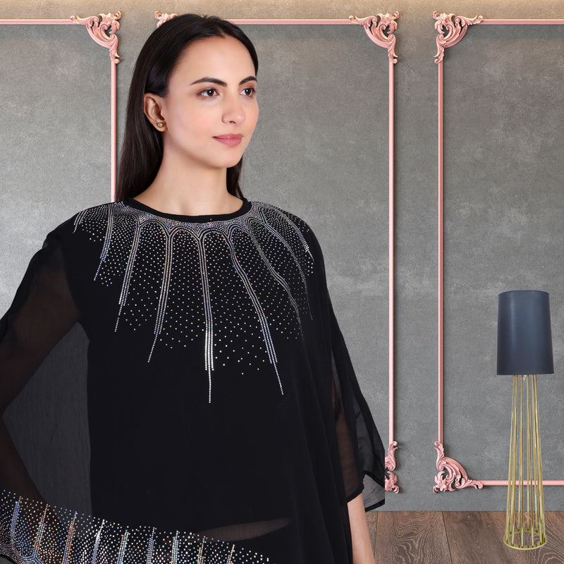 Women's Sequins Motifs Embellished Georgette Asymmetric Kurti Pant Set