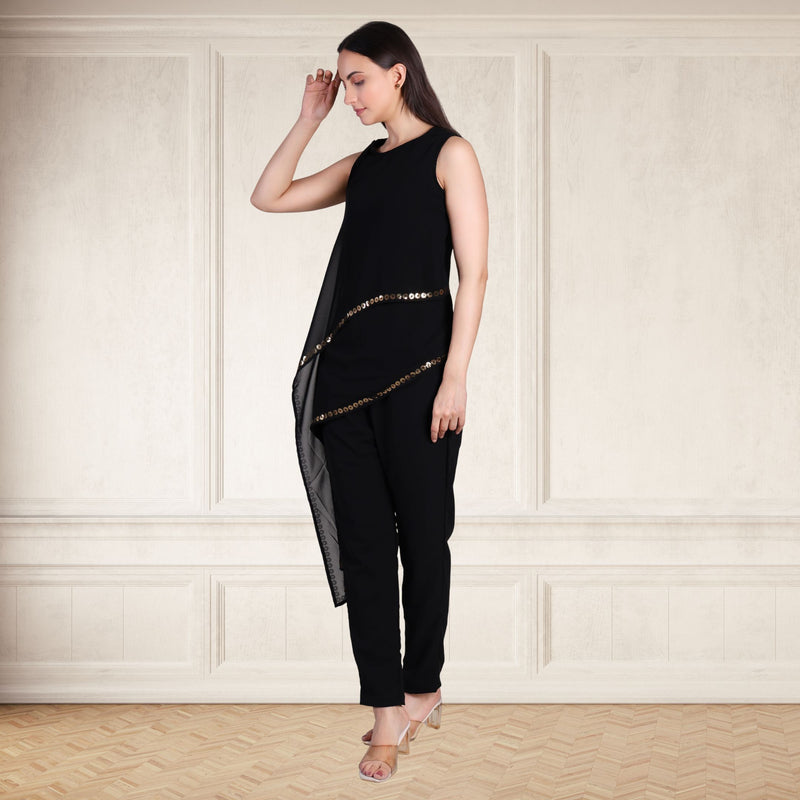 Women's Sequins Motifs Embellished Georgette Asymmetric Kurti Pant Set