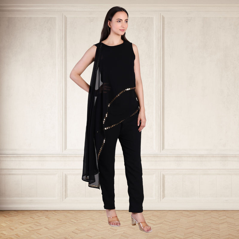Women's Sequins Motifs Embellished Georgette Asymmetric Kurti Pant Set