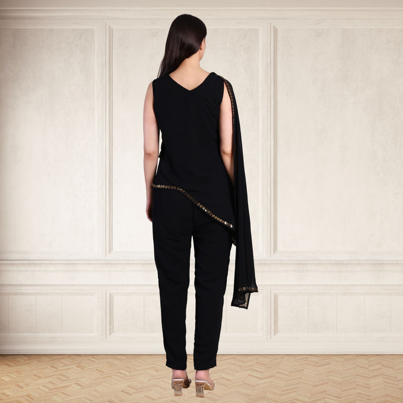 Women's Sequins Motifs Embellished Georgette Asymmetric Kurti Pant Set