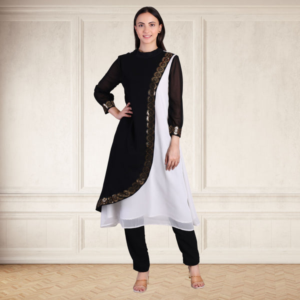 Women's Sequins Motifs Embellished Georgette Colour Block Kurti Pant Set