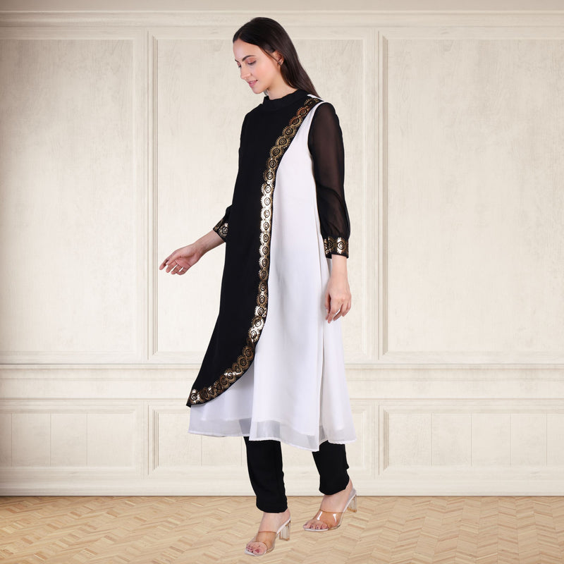 Women's Sequins Motifs Embellished Georgette Colour Block Kurti Pant Set