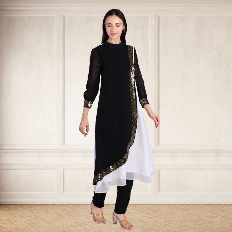 Women's Sequins Motifs Embellished Georgette Colour Block Kurti Pant Set