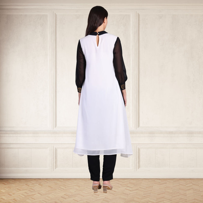 Women's Sequins Motifs Embellished Georgette Colour Block Kurti Pant Set