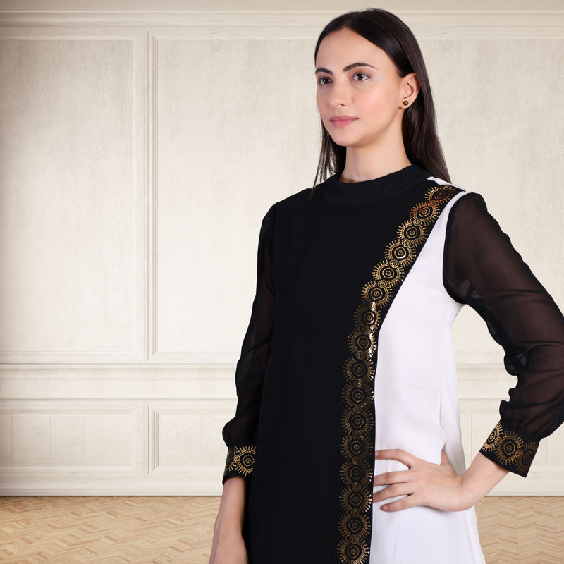 Women's Sequins Motifs Embellished Georgette Colour Block Kurti Pant Set