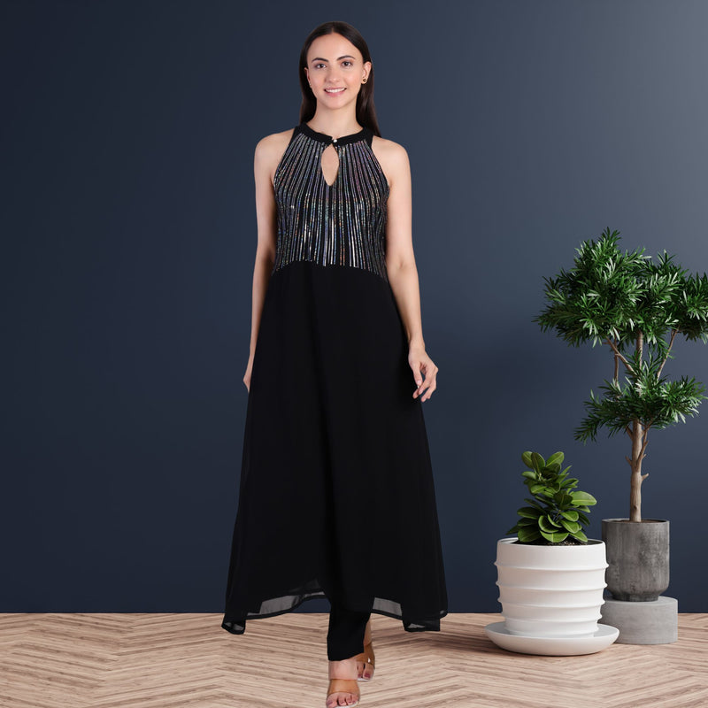 Women's Sequins Motifs Embellished Georgette Sleeveless Kurti Pant Set