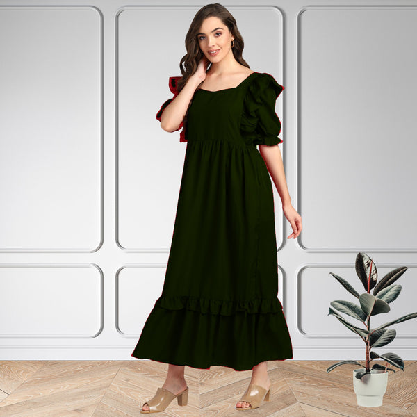 Elegant  Frilled Ankle-Length Maxi Spandex Green Dress