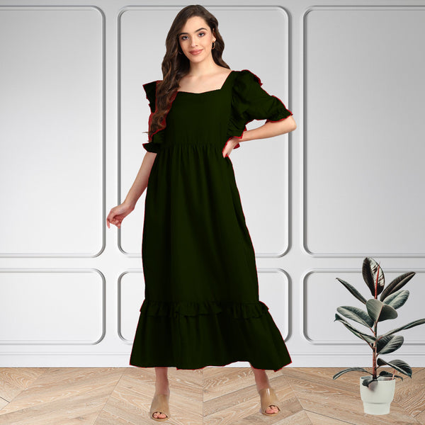 Elegant  Frilled Ankle-Length Maxi Spandex Green Dress