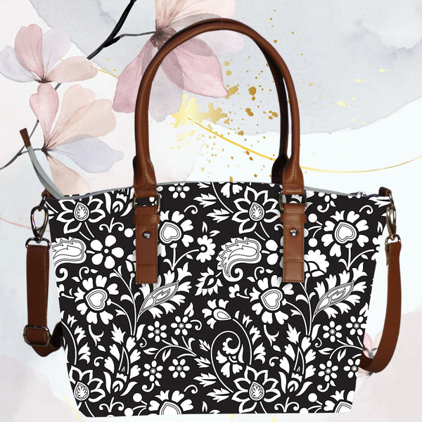 Monochrome Floral Print Canvas Tote Bag