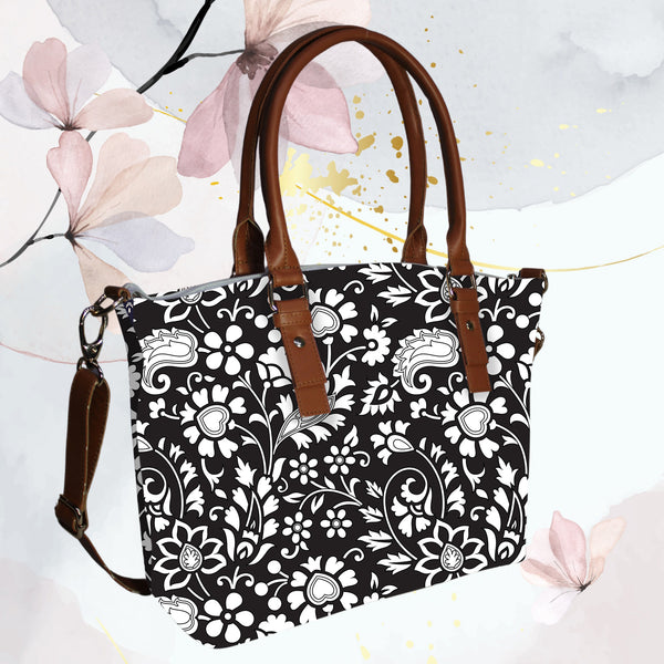 Monochrome Floral Print Canvas Tote Bag