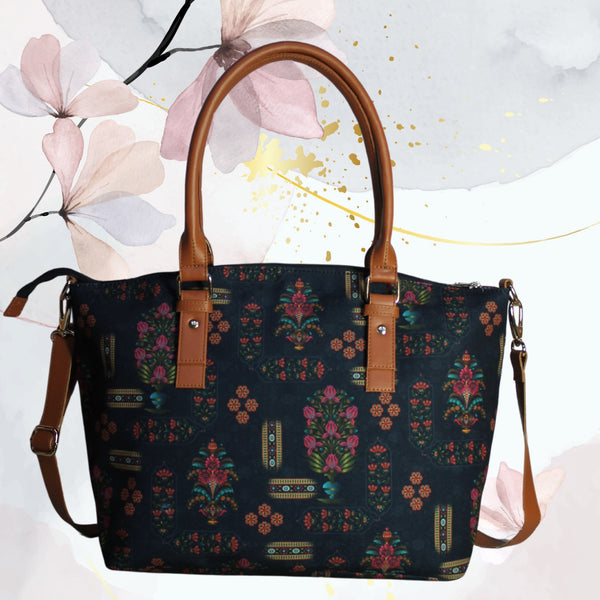 Ethnic Floral Motifs Print Canvas Tote Bag