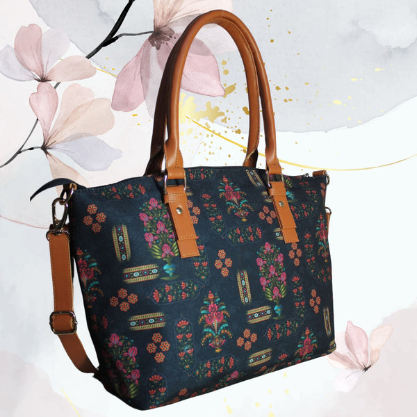 Ethnic Floral Motifs Print Canvas Tote Bag