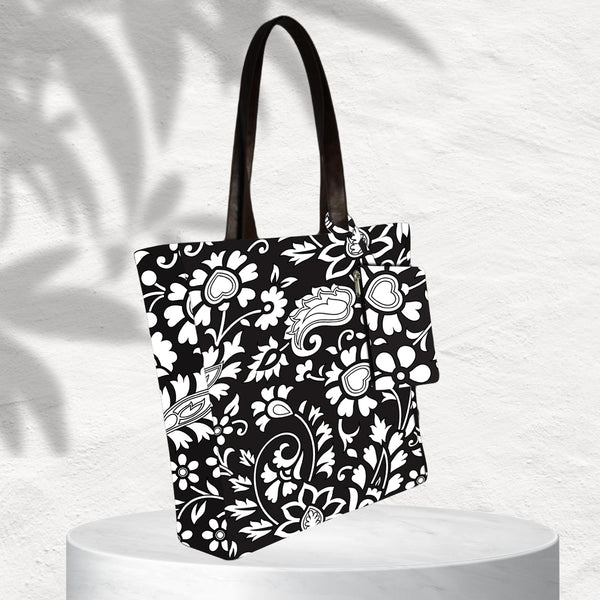 BLACK FLORAL PRINT TOTE BAG