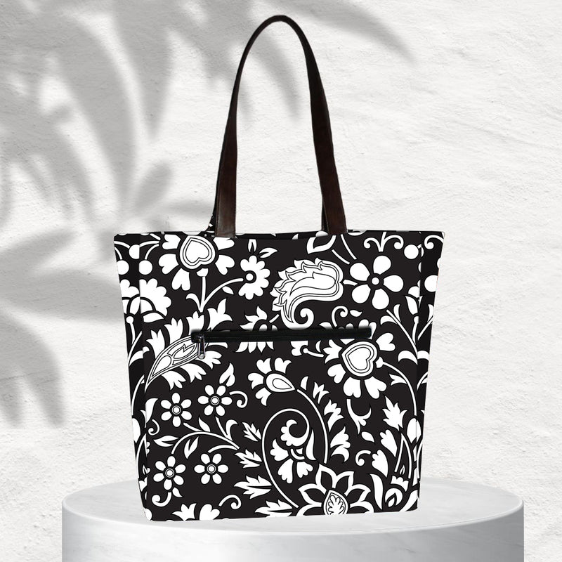 BLACK FLORAL PRINT TOTE BAG