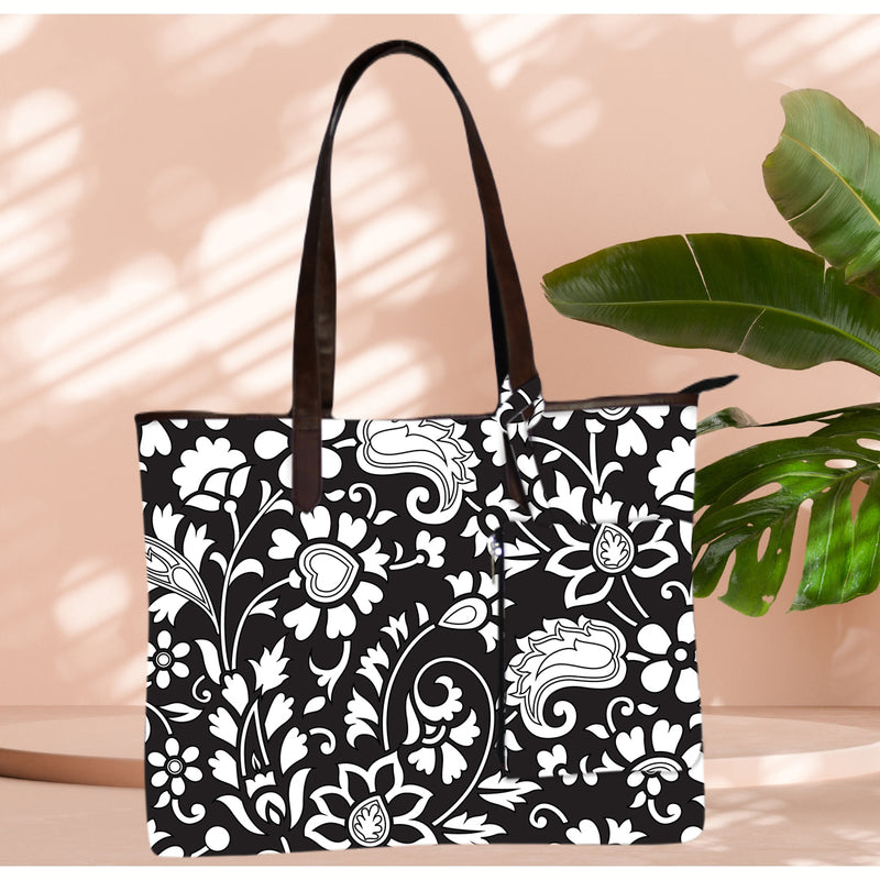 BLACK FLORAL PRINT TOTE BAG