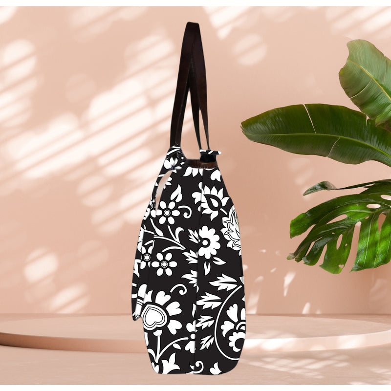 BLACK FLORAL PRINT TOTE BAG