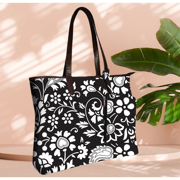 BLACK FLORAL PRINT TOTE BAG