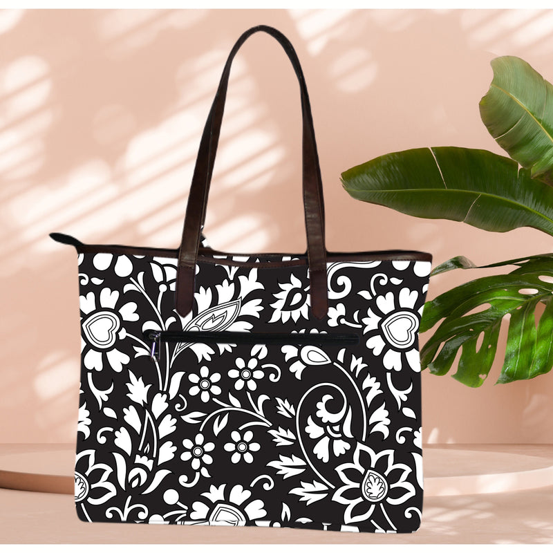 BLACK FLORAL PRINT TOTE BAG