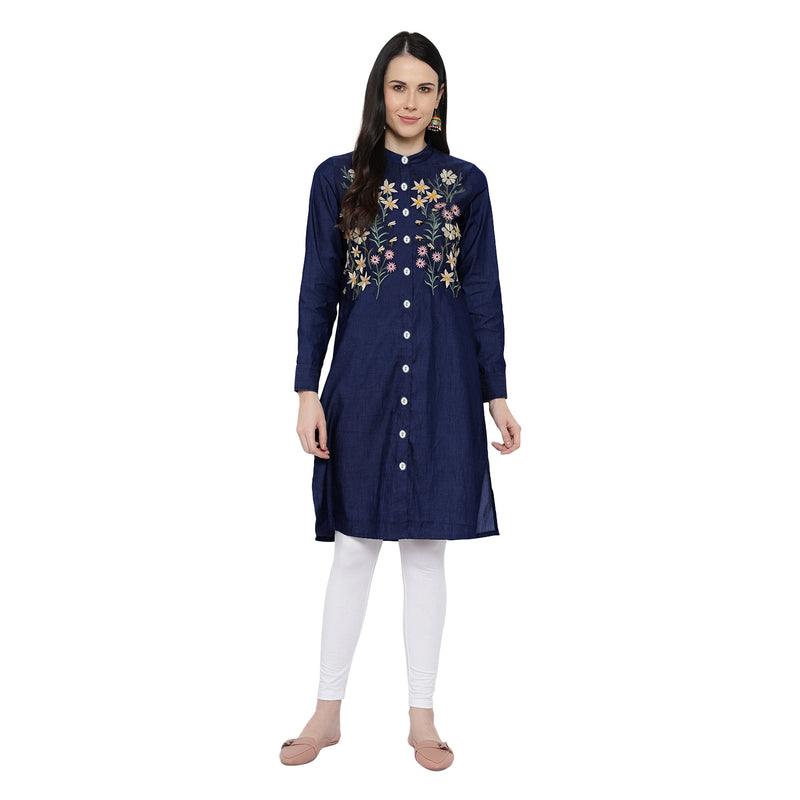 Elegant Floral Embroidered Rayon Shirt Style Kurti