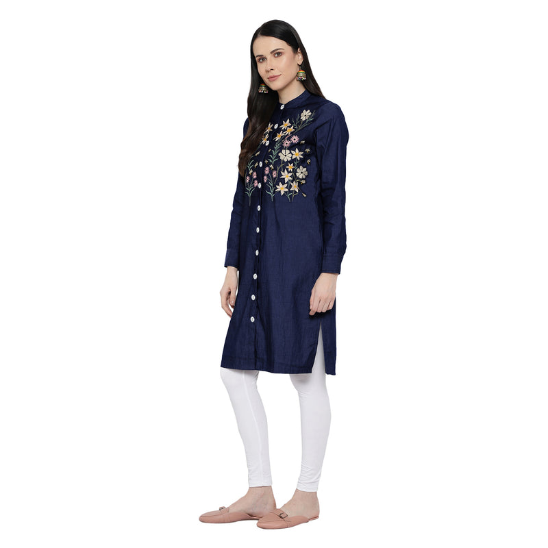 Elegant Floral Embroidered Rayon Shirt Style Kurti