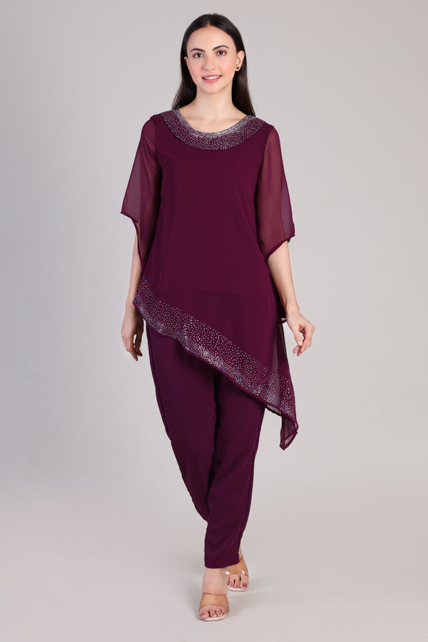 Women's Asymmetric Sequin Motif Embellished Georgette Set
