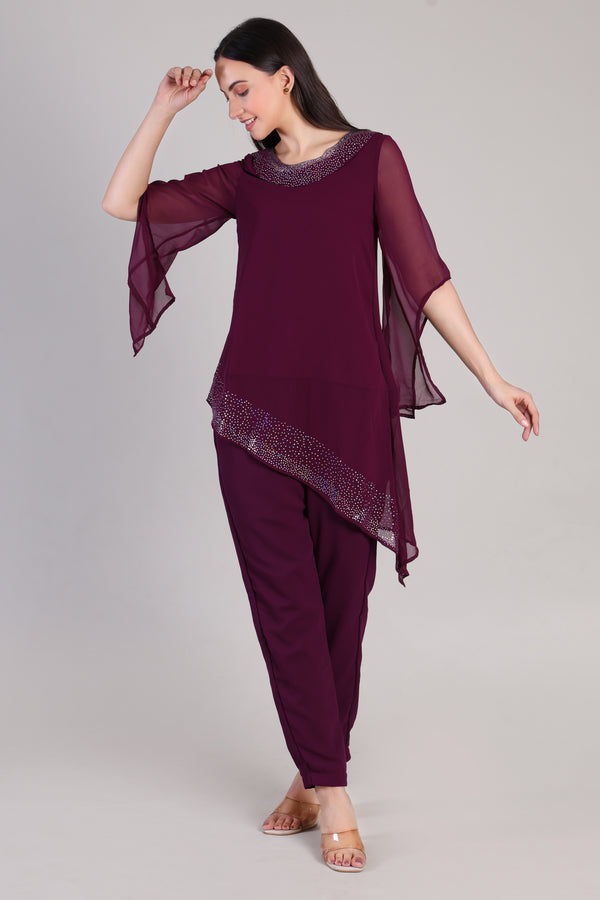 Women's Asymmetric Sequin Motif Embellished Georgette Set