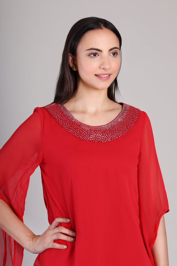 Women's Asymmetric Sequin Motif Embellished Georgette Set